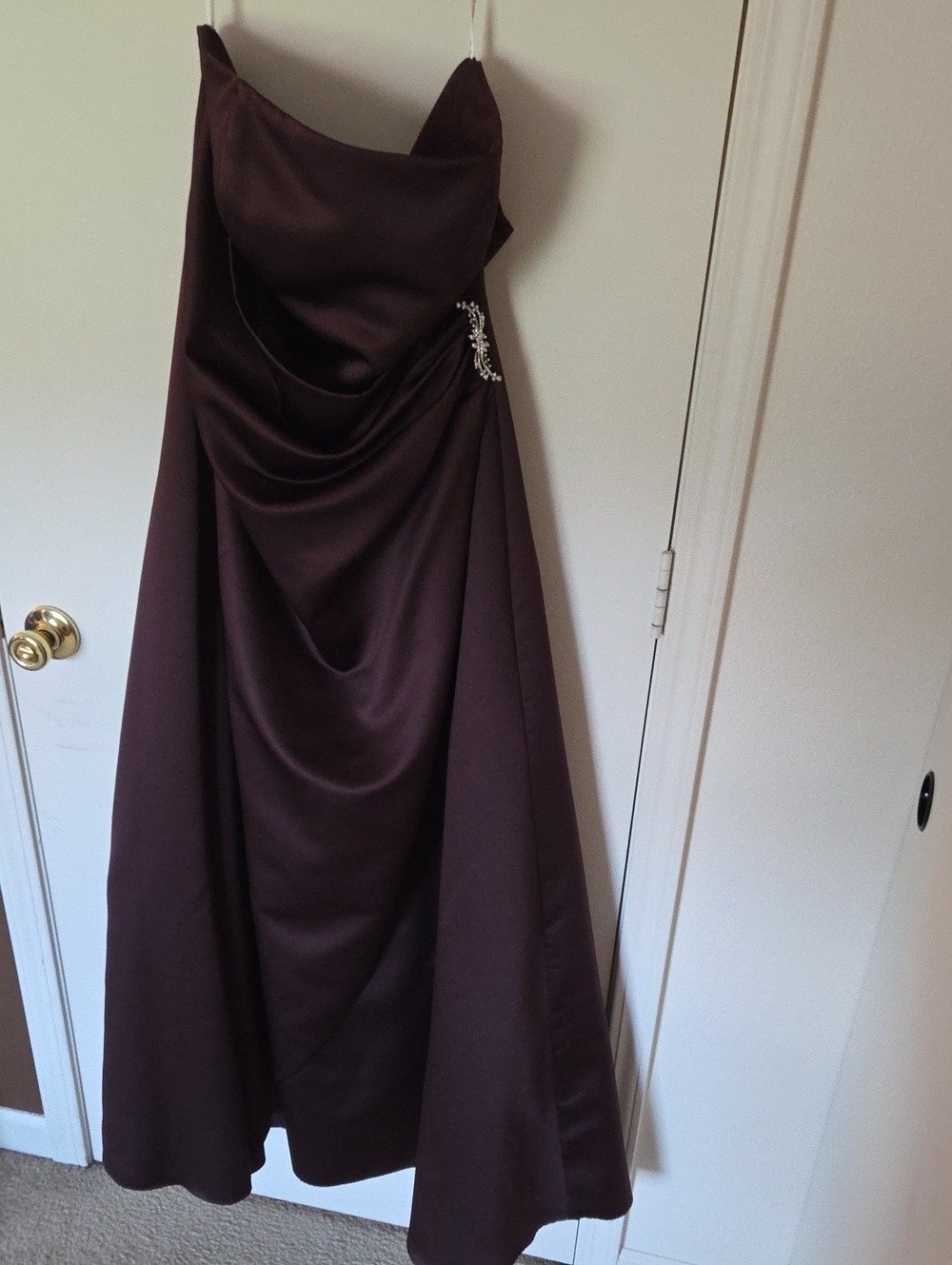 David's Bridal Strapless Satin Gown in Deep Brown